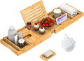 Bamboo Bathtub Tray for Luxury Bathroom, Expandable Premium Bath Tray w/Soap Towel Book Holder, Adjustable Bath Accessories for Tub,Extendable Tub Tray w/Wine Glass Cup Organizer 29.5"-43.3" Nature
