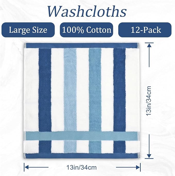 Jacquotha 12 Pack Wash Cloths for Showering 3 Colors, Cotton Washcloths Gentle for Men Women Kids, Durable Wash Rags Large Size 13" X 13"