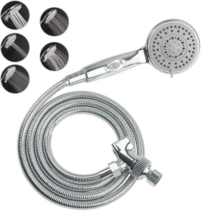 HauSun Handheld Shower Head with On/Off Switch - 5 Spray Settings 6.5 Feet Extra Long Hose High Pressure with Bathroom Faucet Kit - Universal Adapter Holder Mount for Wall,Chrome Finish