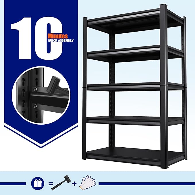 71" H-46 W Garage Shelving, 5-Tier Heavy Duty Storage Shelves, Adjustable Metal Shelving Unit, Utility Garage Organizer Shelf for Basement, Pantry, Warehouse, 20" D x 46" W x 71.2" H, Black