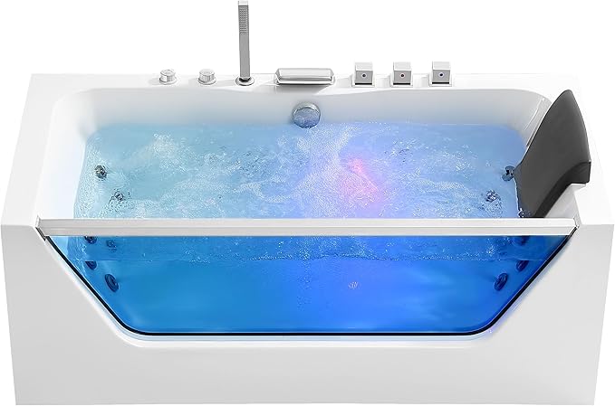Empava 59 in. Acrylic Alcove Whirlpool Bathtub - Hydromassage Rectangular Jetted Soaking Tub with Center Drain - Waterfall Faucet