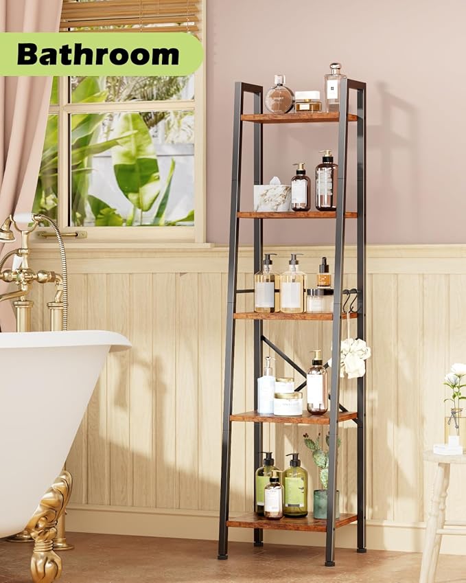 Furologee 5 Tier Ladder Shelf Bookcase, Tall Narrow Bookshelf with 2 Hooks, Rustic Brown Bathroom Corner Book Shelf, Metal Wood Book Case Standing Unit, Display Shelf for Living Room Office Kitchen