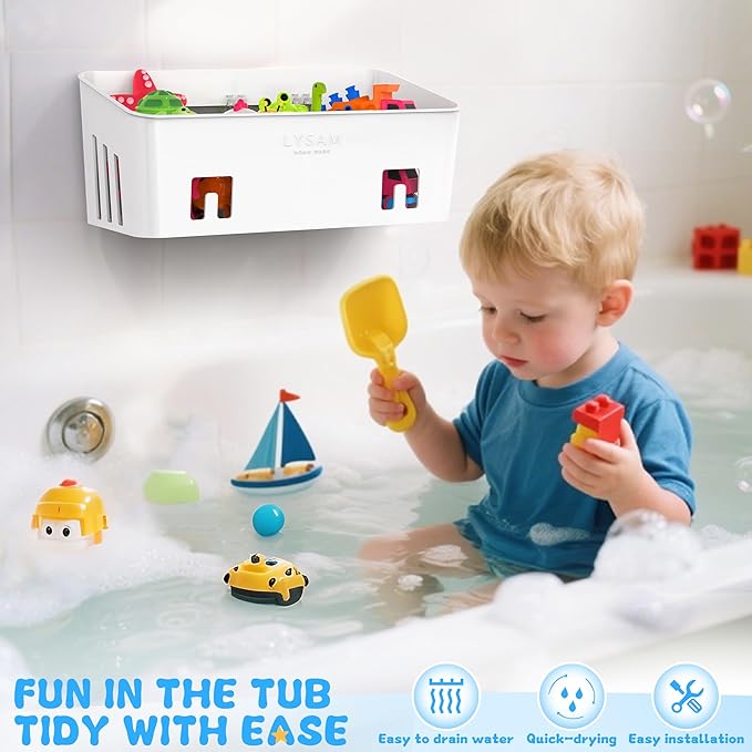 Lysam Bath Toy Storage 2 Packs, Large Bath Toy Holder with 3 Compartment, Quick Dry Bathtub Toy Organizer, Bath Tub Toy Net, Shower Toy Basket & Bin, Bathroom Accessories for Baby,Toddler,Kids（White）