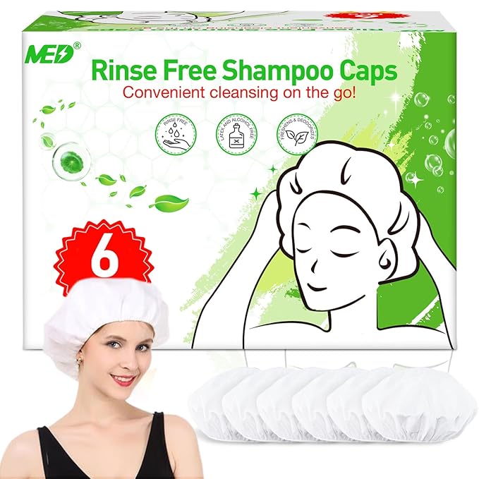 Shampoo Caps No Rinse Waterless Hair Washing Shower Caps 6 Packs for Elderly, Women, Hospital, Camping