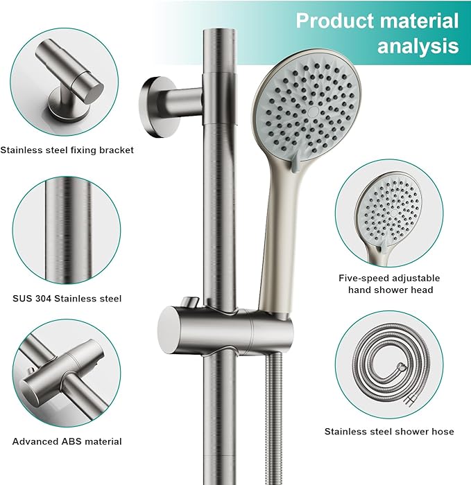 Shower Slide Bar Handheld Shower Head with Hose, 5-Function Hand Shower with Wall Mount，shower slide bar,adjustable height shower head (A-round, Brushed Nickel)