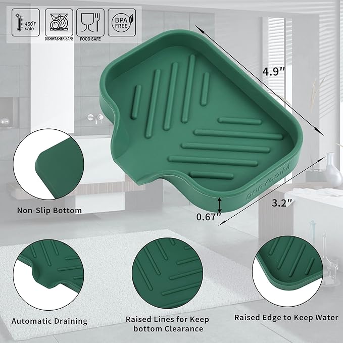 Silicone Bathroom Soap Dishes with Drain Spout-Bathroom and Kitchen Sink Organizer,Sponge Holder,Dish Soap Tray,Perfect for Dispenser,Scrubber,Bottle,Cup on Sink or Counter-Green 4.9"×3.2"