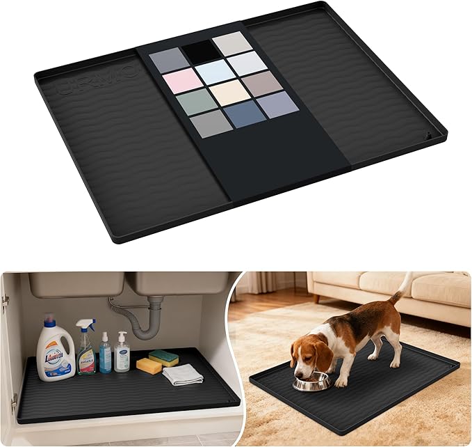 URMONA Waterproof Silicone Under Sink Mat 25'' x 19'' Shelf Liner for Kitchen and Bathroom, Cabinet and Counter Protector, Storage and Organizers, Litter Mat, Pet Cat Puppy Essentials(Black)