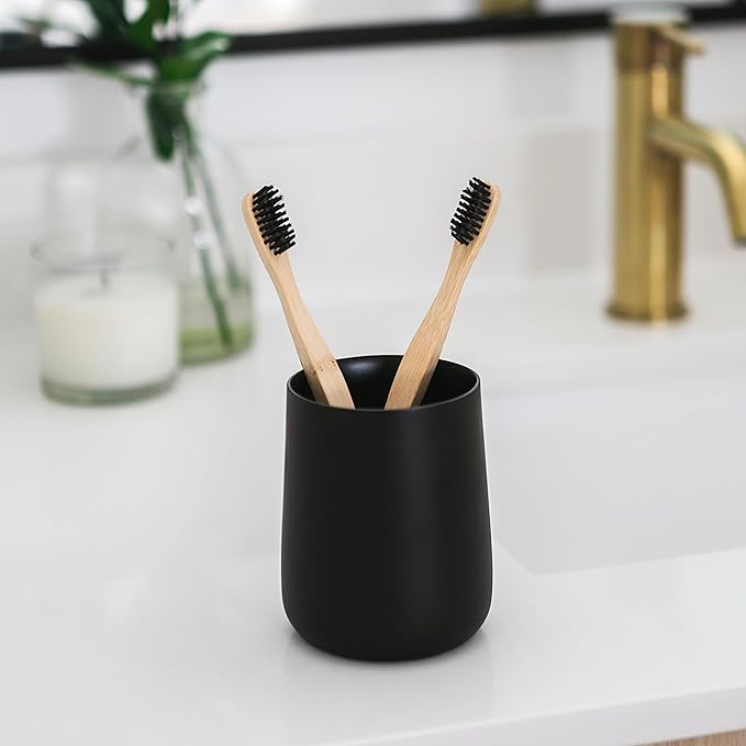 Matte Black Toothbrush and Toothpaste Holder and Cup for Bathroom Vanity and Countertop, Round Organizer for Electric Toothbrushes, Floss, Razors, Cotton, and Mouthwash