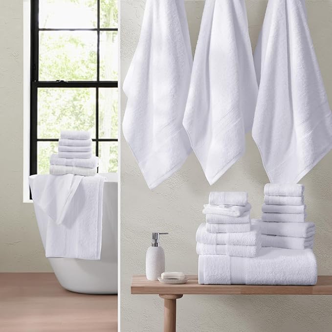 LANE LINEN 100% Cotton Luxury Bathroom Towel Set - 6 Pieces - Super Soft, Fluffy & Highly Absorbent - 2 Large Bath Towels, 2 Washcloths, 2 Hand Towels - Complete Family Pack - White Bath Towel Set