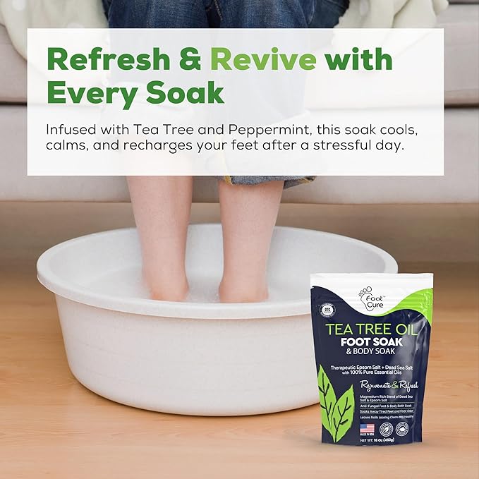 Tea Tree Oil Foot Soak with Epsom Salt - For Toenail Repair, Athletes Foot, Softens Calluses, Soothes Sore & Tired Feet, Nail Discoloration, odor Scent, Spa Pedicure Care - Made in USA 16 oz