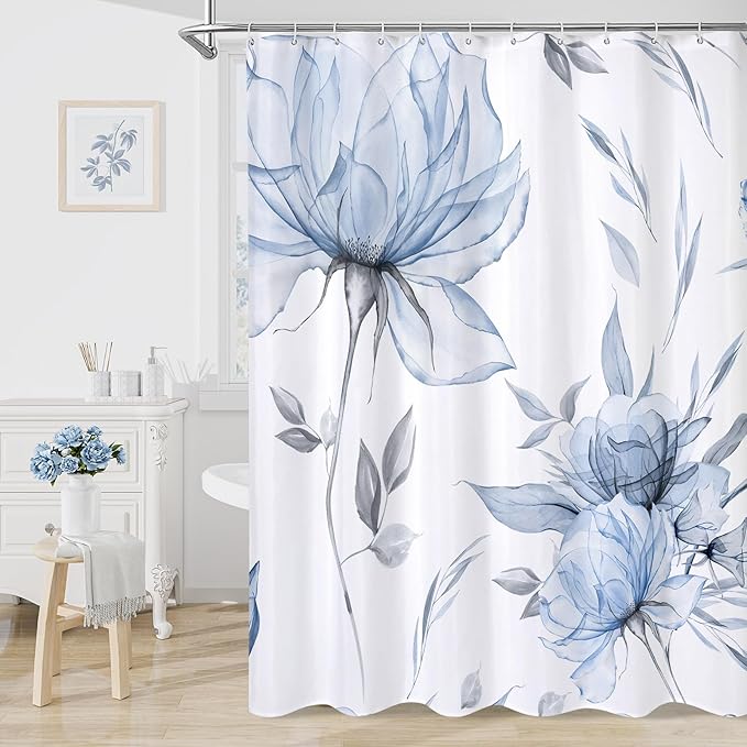 Blue and Grey Boho Watercolor Floral Shower Curtain, Ink Painting Style Blossom & Leaf Shower Curtains for Chic Elegant Bathroom, Artistic Fabric Cloth Flower Shower Curtain, 72x72
