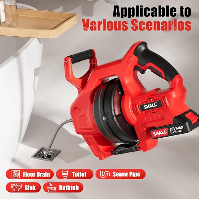 SHALL 20V Cordless Drain Auger with 25Ft Plumbing Drain Snake, Electric Snake Drain Hair Clog Remover W/ 2.0Ah Battery & Fast Charger, Shower Drain Snake for 3/4’’-2’’ Sewer Pipe, Sink Toilet Bathroom