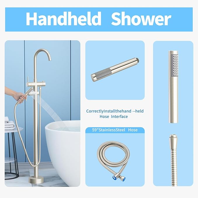 Freestanding Bathtub Faucet,Tub Filler Floor Mount Stand Bathtub Faucet Brass Bathroom Tub Faucets with 2 Function Hand Shower Wand Swivel Brushed Nickel