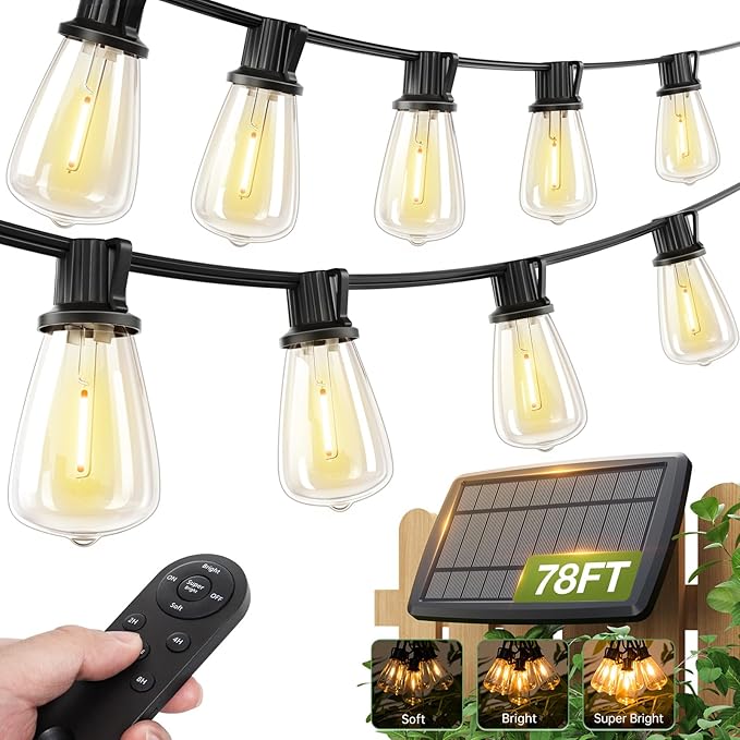 addlon 78(72+6) FT Solar String Lights Waterproof,Patio Lights Solar Powered with Remote & USB Port 3 Lighting Modes 24+2 LED Shatterproof Bulbs Outdoor Lights for Camping Backyard Garden