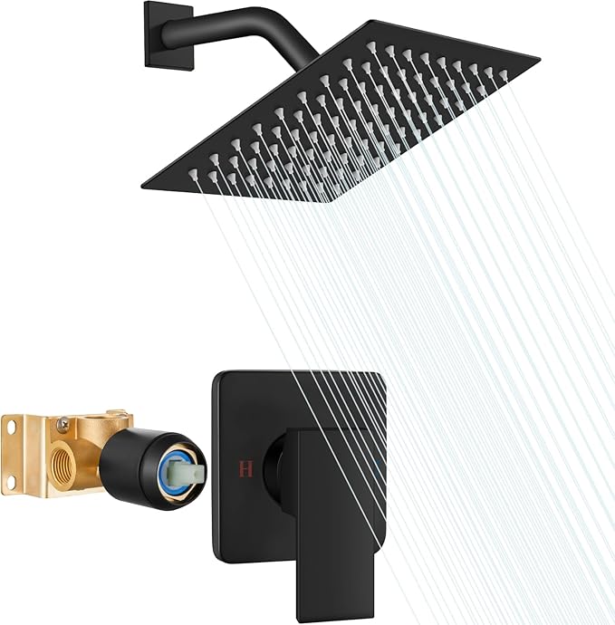 Heyalan 8 Inch Shower Head and Handle Set Square Shower Faucet Set Bathroom Rainfall Shower System Stainless Steel Showerhead Single Function Shower Trim Kit,Female Thread Valve,Matte Black