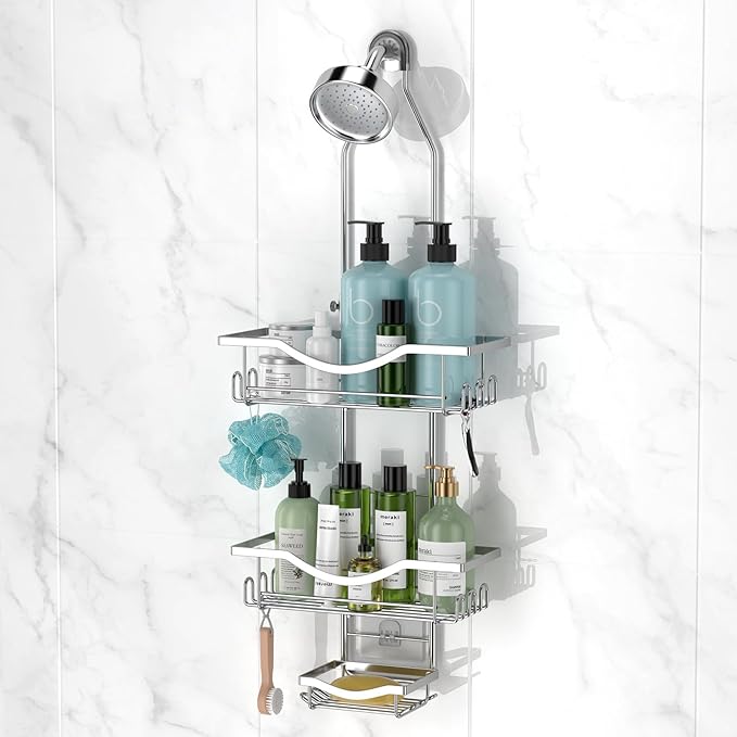 Shower Caddy Hanging Adjustable Shower Caddy, Rustproof Shower Organizer Extended Length Showers Caddy Over Shower Head with Hooks Soap Holder, Large Capacity Anti-Swing Bathroom Organizer, Silver