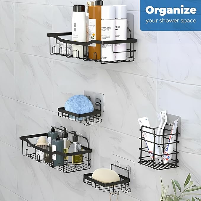 Fab Glass and Mirror 5-Pack Shower Caddy, Black - Shower Organizer & Shelves for Efficient Storage, Bathroom Caddy for Wall Organizer, Durable Wall Caddy