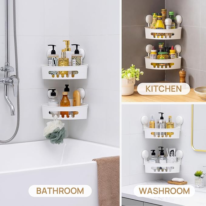 LEVERLOC Corner Shower Caddy Suction Cup, shower shelves suction cup, 2 Pack Basket Powerful Bathroom, Waterproof & Oil-proof Organizer for Kitchen, No-Drilling Removable