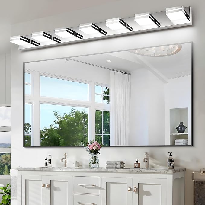 SineRise LED Modern Bathroom Vanity Light Fixtures (7-Light, 55-Inch), Chrome Modern Acrylic Bathroom Wall Lighting Fixtures Over Mirror (Cool White 6000K)
