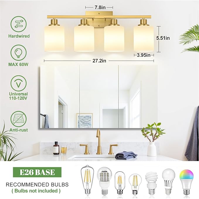 4-Light Bathroom Light Fixtures, Brushed Gold Vanity Light with Milky White Shades, Bathroom Lighting Fixtures Over Mirror, Modern Bathroom Wall Lamp for Mirror Living Room Cabinet Bedroom