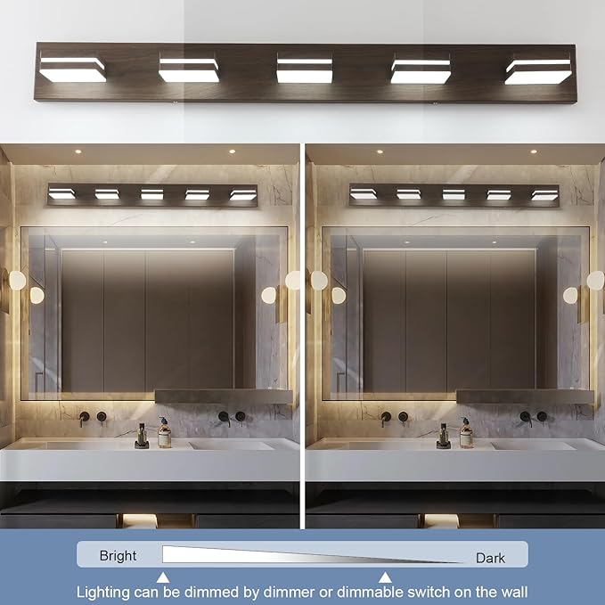 SineRise LED Modern Bathroom Vanity Light Fixtures (5-Light, 40-Inch, Dimmable), Brown Wood Painted Modern Acrylic Bathroom Wall Lighting Fixtures Over Mirror (Cool White 6000K)