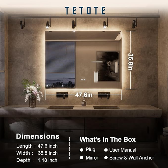 TETOTE 48 x 36 Inch LED Backlit Bathroom Mirror with Lights, 3Color White/Warm/Natural, Anti-Fog Lighted Mirror,Dimmable,Vanity Mirror,Wall Mounted