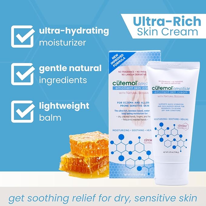 Cutemol Emollient Moisturizer for Sensitive Skin - Serious Moisturizing Cream for Damaged Skin Recovery - Fragrance Free Hydration for Cracked Hands & Feet, Eczema, Psoriasis & Dry Skin (2.75 oz)
