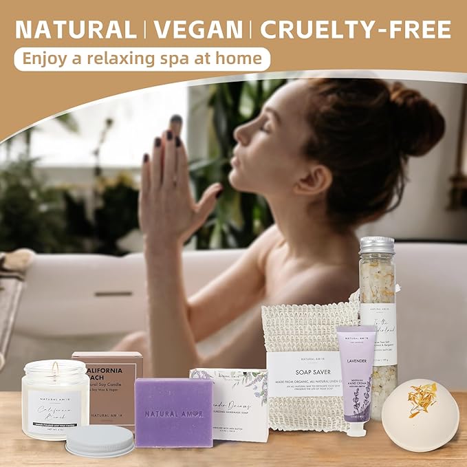 Natural Amor Handmade Spa Gift Set 6 pcs– Includes Citrus Bath Bomb, Lavender Hand Cream, Soap, Bath Salt, Candle – Relaxing Self-Care Kit for Women