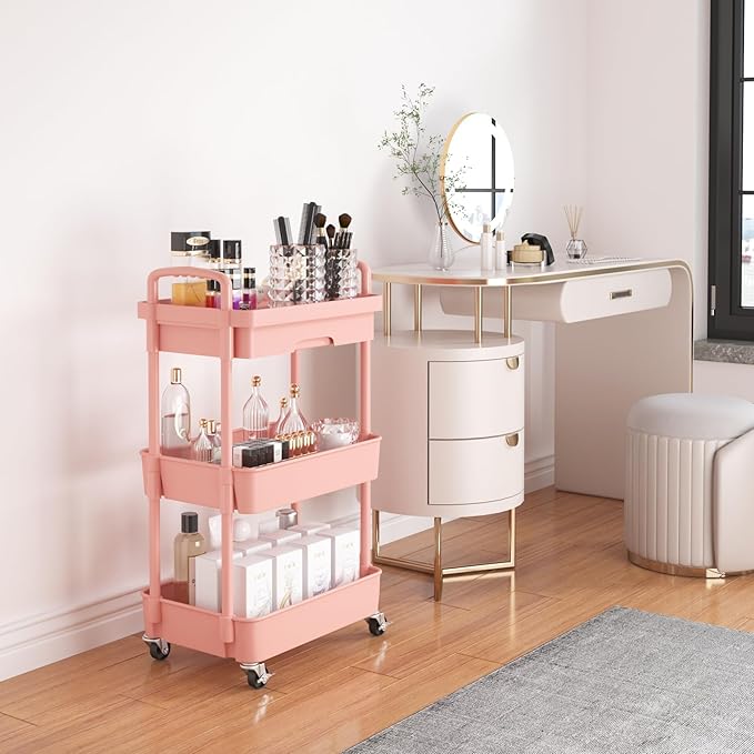 Calmootey 3-Tier Rolling Utility Cart with Drawer,Multifunctional Storage Organizer with Plastic Shelf & Metal Wheel,Storage Cart for Kitchen,Bathroom,Living Room,Office,Pink
