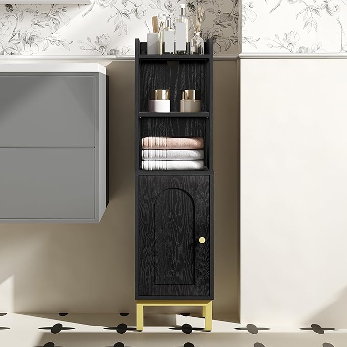 Bathroom Storage Cabinet, Small Corner Floor Cabinet with Door and Shelves, Narrow Toilet Paper Holder, Bathroom Organizer with Adjustable Shelf, for Small Spaces, Black BC38204GV1