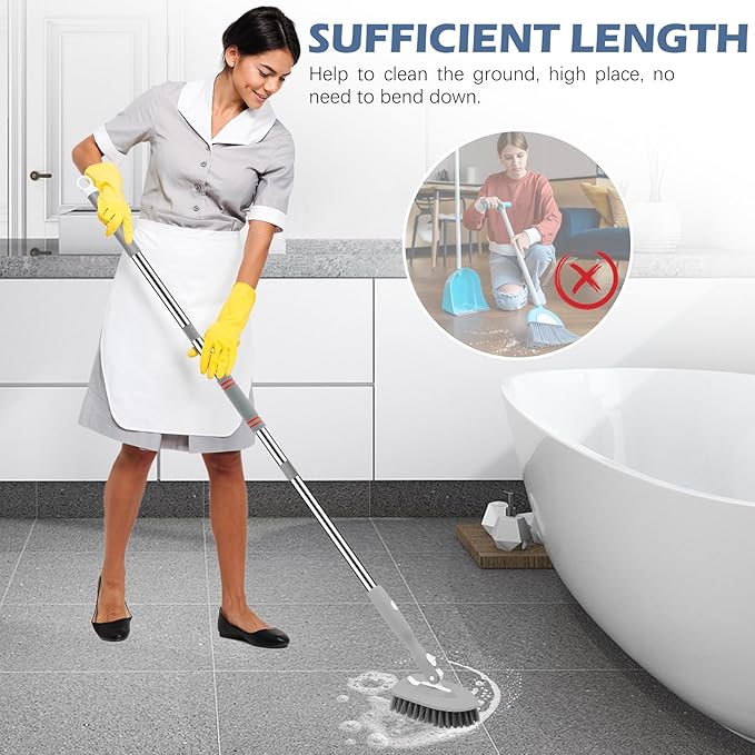 SetSail 4-in-1 Tile Tub Floor Scrubber with 52-inch Long Adjustable Handle Shower Cleaner Brush with V-Shaped Grout Brush and 3 Replacement Brush Heads for Bathroom Kitchen Sink Walls Tub Tile, Grey