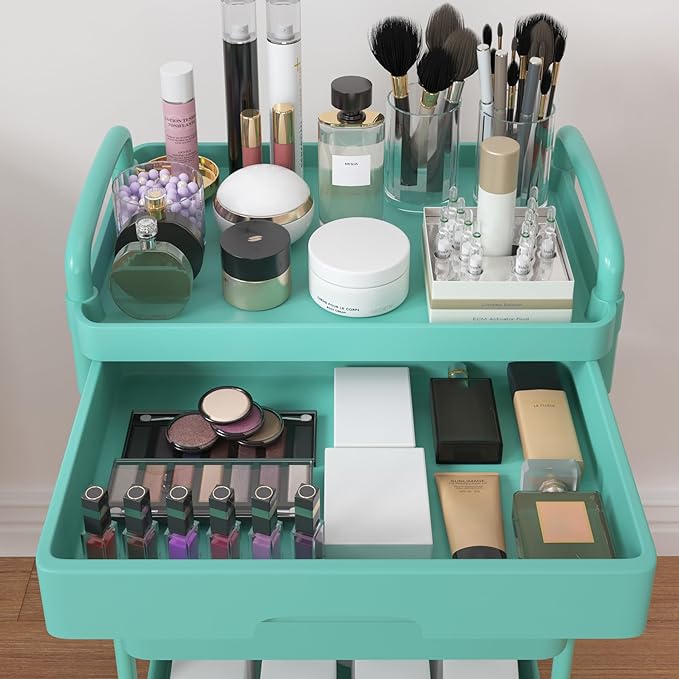 Calmootey 4-Tier Rolling Utility Cart with Drawer,Multifunctional Storage Organizer with Plastic Shelf & Metal Wheel,Storage Cart for Kitchen,Bathroom,Living Room,Office,Green
