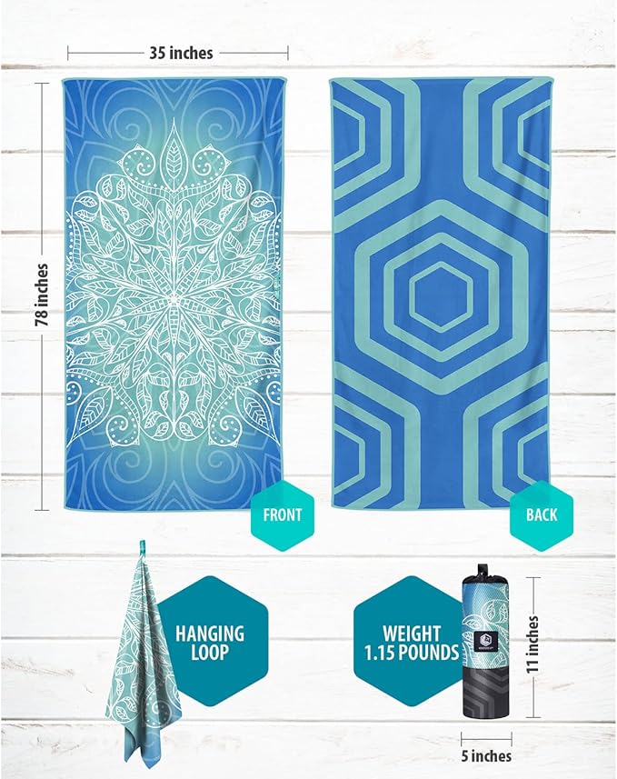 VENTURE 4TH Microfiber Beach Towel: Quick-Dry, Compact, Sand-Free, Absorbent, Sandproof and Lightweight - Perfect for Camping, Beach, and Roadtrips (Blue Mandala Design | 35x78 inches)