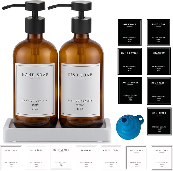 Amber Glass Soap Dispenser - Dish Hand Soap Dispenser for Kitchen, Bathroom Soap Lotion Dispenser with Pump, Refillable Liquid Soap Pump Dispenser Set with Tray, Amber Bottle/Black Pump-pd