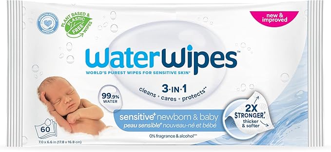 WaterWipes Sensitive+ Newborn & Baby Wipes, 3-In-1 Cleans, Cares, Protects, 99.9% Water, Unscented & Hypoallergenic, 60 Count