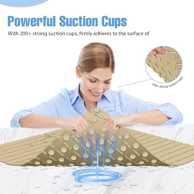 Shower Mat Non-Slip Bath Mat for Tub and Shower Stall,200+ Suction Cups with Drain Holes, Quick Dry Machine Washable, Extra Grip for Elderly and Baby, Bathroom Essentials 24x24 Inch (Brown)