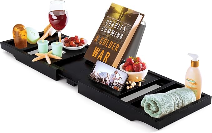 Wooden Bathtub Tray - Foldable & Expandable Bamboo Bath Tray for Tub with Wine Holder, Book & Tablet Stand - Bath Caddy Tray for Bathtub, Spa Bath Accessories, Tub Tray Table, (Black)