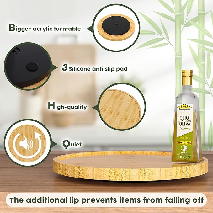 Lazy Susan for Table, 12 Inch Non-Skid Bamboo Turntable Organizer for Salt Pepper Spices and Olive Oil Next to Stove, Wooden Lazy Susan Organizer for Kitchen Countertop Organizer