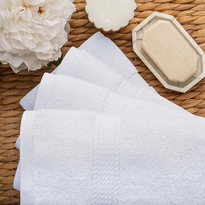 Superior Egyptian Cotton Pile Hand Towel Set of 4, Ultra Soft Luxury Towels, Thick Plush Essentials, Absorbent Heavyweight, Guest Bath, Hotel, Spa, Home Bathroom, Shower Basics, White
