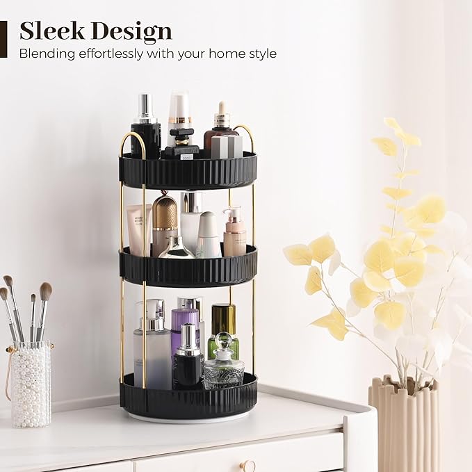 Aveniee 360 Rotating Makeup Organizer for Vanity, Large Spinning Bathroom Counter Organizer Shelf Holder for Cosmetics, Skin Care, Lipsticks,3 Tiers, Black