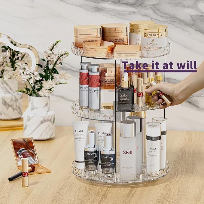 ZHIAI 360 Rotating Makeup Organizer, Large Capacity Cosmetics Organizer for Perfume Holder Organizer Countertop, DIY Adjustable Bathroom Makeup Carousel Holder Rack, Clear Diamond