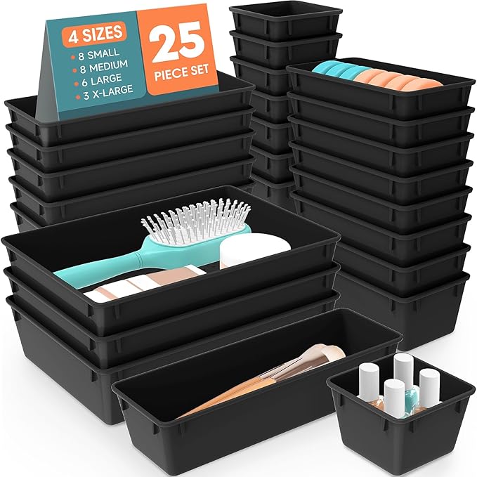 WOWBOX 25 PCS Plastic Drawer Organizer Set, Desk Drawer Divider Organizers and Storage Bins for Makeup, Jewelry, Gadgets for Kitchen, Bedroom, Bathroom, Office, Deep Black
