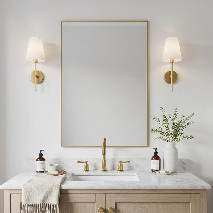 24x36 Inch Gold Bathroom Mirror - Copper-Free Mirror, Aluminum Alloy Frame Vanity Rectangle Wall Mounted Modern Mirror for Bedroom/Living Room/Porch Horizontal or Vertical