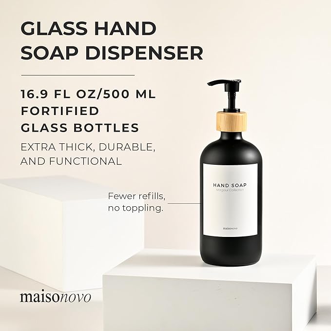 MaisoNovo Glass Hand Soap Dispenser | Dish Soap Dispenser for Kitchen | 16.9oz Black Bottles with Black Bamboo Pump | Bathroom Lotion Dispenser