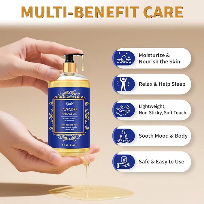 Aromatherapy Lavender Massage Oil for Calming, Soothing & Relaxing, Natural Body Massage Oil for Massage Therapy with Jojoba & Sweet Almond, No Stain & Non-Sticky, Spa Gift for Her Him