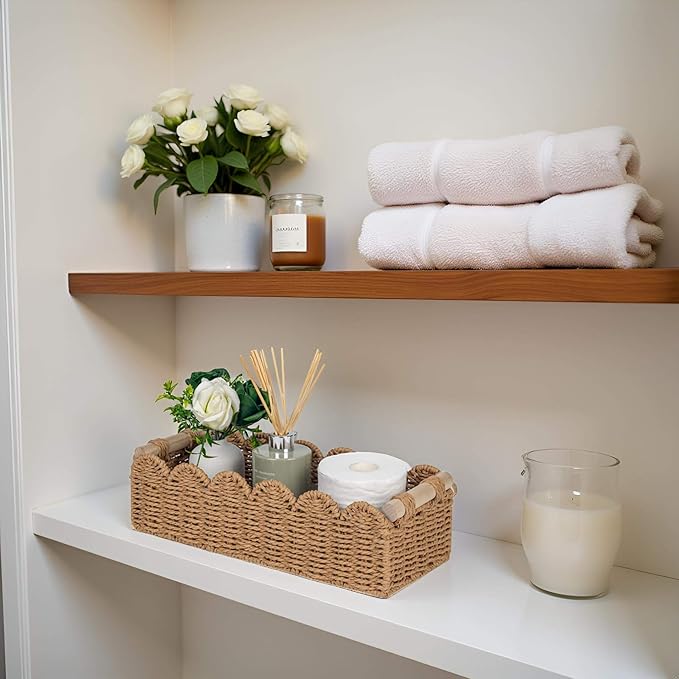 CubesLand Scalloped Decor Basket for Living Room, Home, Bathroom, 2SAME SIZE Paper Rope Basket, Toilet Storage Baskets for Over Toilet Storage Shelf, Cute Woven Basket Both Storage&Decor, Neutral