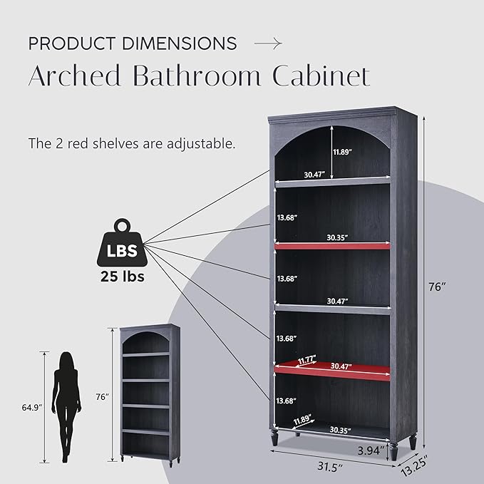 76" Tall Arched Bathroom Storage Cabinet, 5 Tiers Large Farmhouse Arched Cabinet w/Adjustable Shelves, Modern Wooden Storage Cabinet for Bathroom, Living Room, Entryway, Study Room (Dark Grey)