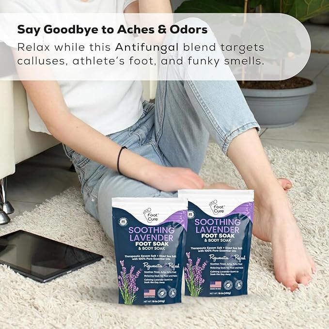 FOOT CURE Soothing Lavender Foot Soak - Pedicure Foot Spa with Epson Salts for Soaking Feet - Foot Massager Spa - Foot Scrubber Dead Skin Remover - Epsom Salt Bath Soak (Pack of 2)