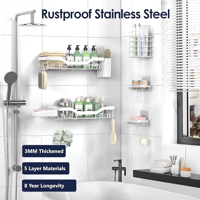 Shower Caddy Adhesive Shower Organizer 7-Pack, Rustproof Stainless Steel Bathroom Shelves, Large Capacity No-Drill Rack Storage Accessories with Soap Dish Toothbrush Holder Hooks (White)