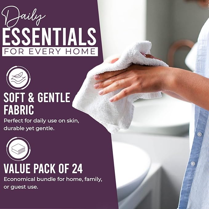 DAN RIVER 24 Pack Wash Cloths for Showering [12x12] - 100% Cotton Washcloths Premium Quality Flannel Face Cloths for Bathroom, Highly Absorbent and Soft Feel Wash Clothes, Purple Passion